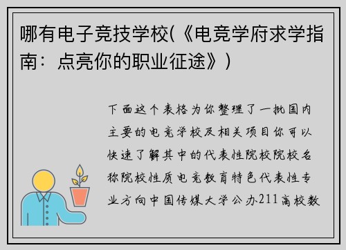哪有电子竞技学校(《电竞学府求学指南：点亮你的职业征途》)